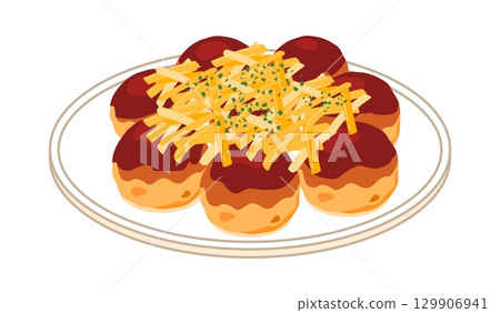 Illustration of takoyaki topped with cheese served on a plate 129906941