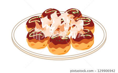 Illustration of takoyaki served on a plate with bonito flakes 129906942