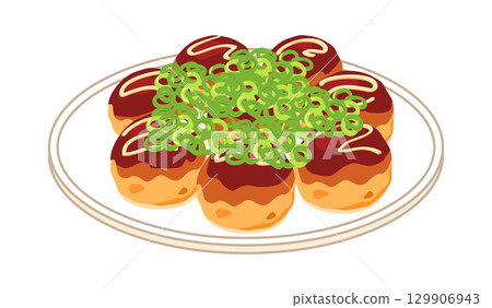 Illustration of takoyaki served on a plate with green onions 129906943