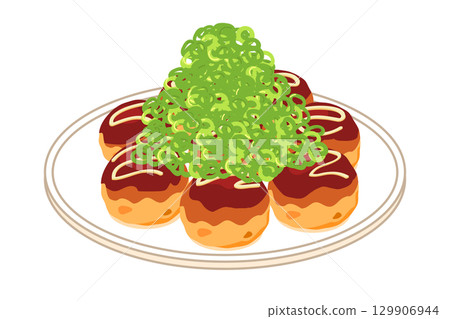 Illustration of takoyaki served on a plate with lots of green onions 129906944