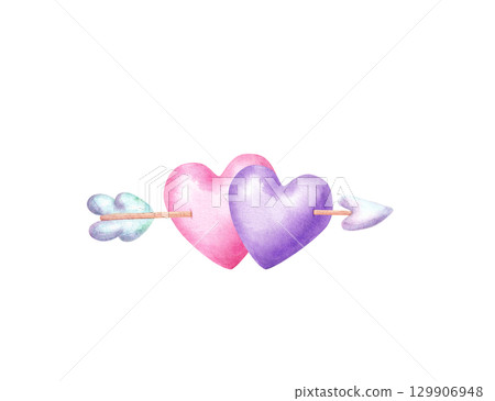 Two hearts with cupid arrow in cute naive style. Watercolor hand drawn illustration for Valentine's Day decor 129906948