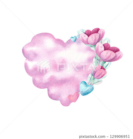 Pink heart cloud with flowers and hearts in pastel colors. Hand drawn watercolor illustration on white background for holiday card design and decor. Pink heart cloud with flowers and hearts in pastel colors. Hand drawn watercolor illustration on white background for holiday card design and decor. 129906951