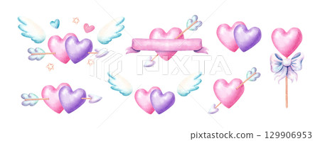 A set of illustrations of hearts in pastel shades in a naive style. Watercolor hand drawn illustration for Valentine's Day decor. A set of illustrations of hearts in pastel shades in a naive style. Watercolor hand drawn illustration for Valentine's Day decor. 129906953