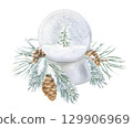 Snow Globe with a Christmas tree. Watercolor illustration of a snowball. Hand drawn holiday sketch of Snowglobe on white isolated background. Water color painting. Print for cards or decoration 129906969