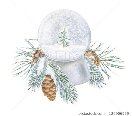 Snow Globe with a Christmas tree. Watercolor illustration of a snowball. Hand drawn holiday sketch of Snowglobe on white isolated background. Water color painting. Print for cards or decoration 129906969
