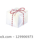 White gift box decorated with ribbon in red stripes and bow. Watercolor illustration of a Christmas present. Hand drawn vintage sketch on isolated background. Water color painting art image 129906973
