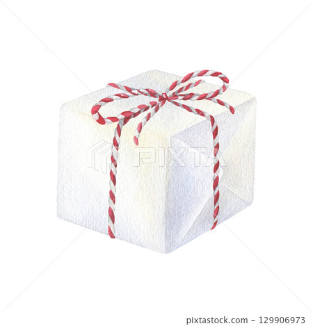 White gift box decorated with ribbon in red stripes and bow. Watercolor illustration of a Christmas present. Hand drawn vintage sketch on isolated background. Water color painting art image 129906973