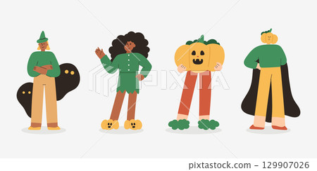 Halloween cartoon character set. Flat illustration of halloween character. Vector illustration. 129907026
