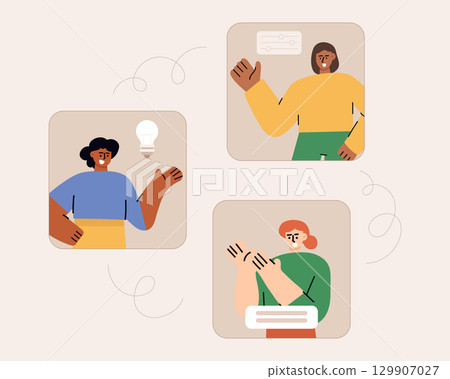 Flat design cartoon illustration of a business team in an online video conference meeting. Online business meeting concept. Vector flat cartoon style. Flat design cartoon illustration of a business team in an online video conference meeting. Online business meeting concept. Vector flat cartoon style. 129907027