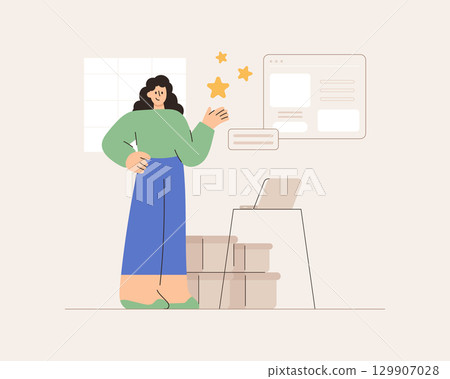 Flat vector illustration of a woman providing feedback and review to an online shop, e-commerce concept. Vector flat cartoon style. Flat vector illustration of a woman providing feedback and review to an online shop, e-commerce concept. Vector flat cartoon style. 129907028