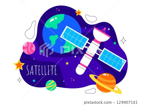 Satellite Internet Technology Vector Illustration featuring Satellites in Orbit Transmitting Signals for Global Network Connectivity in a Background 129907181