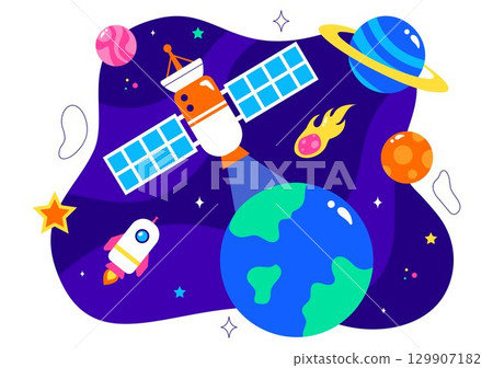 Satellite Internet Technology Vector Illustration featuring Satellites in Orbit Transmitting Signals for Global Network Connectivity in a Background 129907182