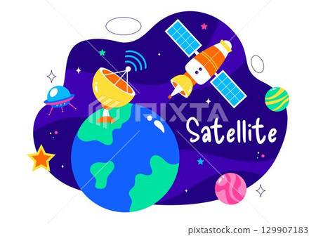 Satellite Internet Technology Vector Illustration featuring Satellites in Orbit Transmitting Signals for Global Network Connectivity in a Background 129907183