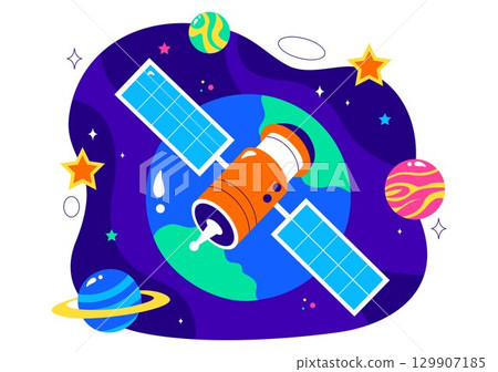 Satellite Internet Technology Vector Illustration featuring Satellites in Orbit Transmitting Signals for Global Network Connectivity in a Background 129907185