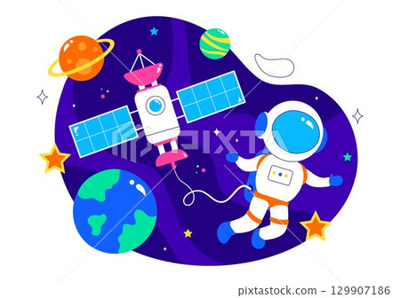 Satellite Internet Technology Vector Illustration featuring Satellites in Orbit Transmitting Signals for Global Network Connectivity in a Background 129907186
