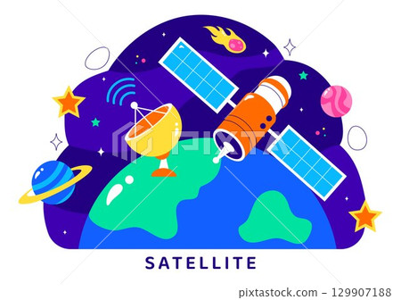 Satellite Internet Technology Vector Illustration featuring Satellites in Orbit Transmitting Signals for Global Network Connectivity in a Background 129907188