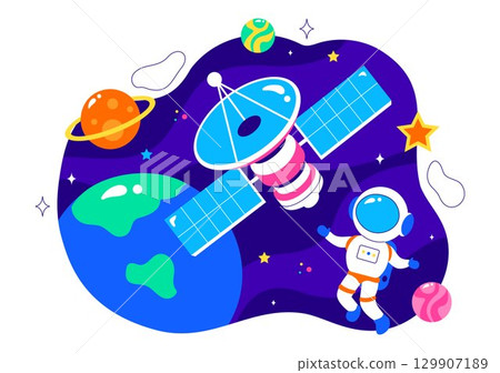 Satellite Internet Technology Vector Illustration featuring Satellites in Orbit Transmitting Signals for Global Network Connectivity in a Background 129907189