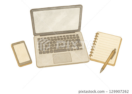 筆記型電腦、記事本、智慧型手機和筆的水彩插圖(剪切) 筆記型電腦、記事本、智慧型手機和筆的水彩插圖(剪切) 129907262
