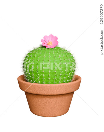 CG of a round cactus with pink flowers 129907270