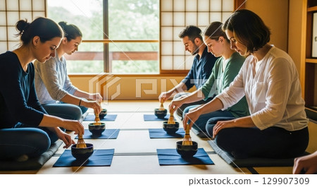 Foreigners experiencing the tea ceremony in a Japanese-style room Foreigners experiencing the tea ceremony in a Japanese-style room 129907309