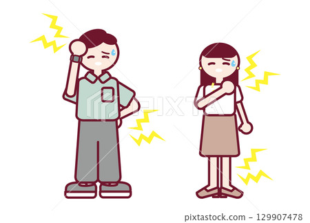 Men and women who seem to be suffering from headaches, back pain, shoulder pain and leg pain 129907478