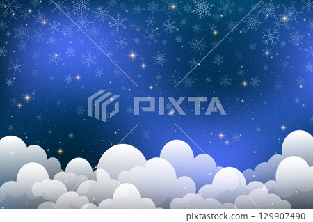 Dark winter sky with falling snowflakes glowing stars and clouds. Blue background with galaxy light, magic nebula, celestial sparkle and astrology-inspired fantasy design. Vector illustration Dark winter sky with falling snowflakes glowing stars and clouds. Blue background with galaxy light, magic nebula, celestial sparkle and astrology-inspired fantasy design. Vector illustration 129907490