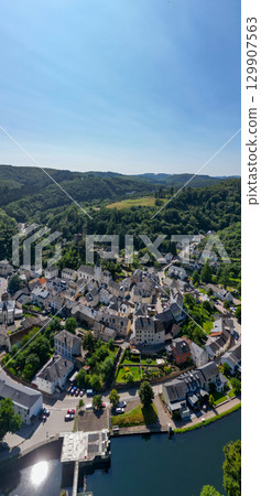 Esch-sur-Sure, Wiltz, Grand-Duche de Luxembourg, August 10, 2025, A stunning aerial view shows a 129907563