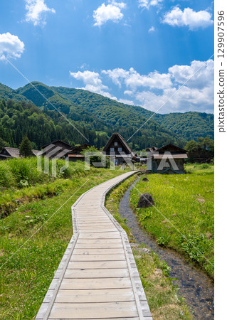 Wooden path crossing traditional village of Shirakawa-go in Japan 129907596