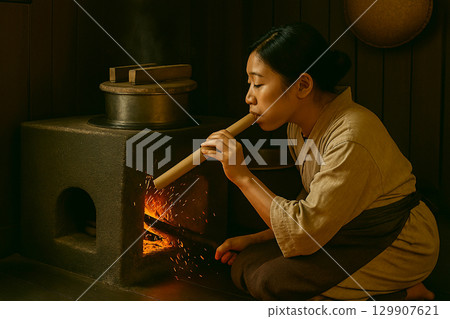 昭和時代的場景：一位婦女在爐子上煮飯 129907621