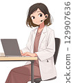 [AI-generated image] A woman in a white coat wearing a cartoon-style headset and sitting in front of a computer 129907636