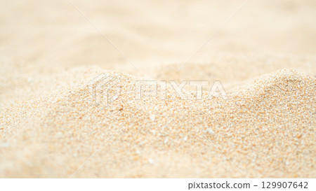 Sand Beach Background Close up Texture Summer Desert Zen Garden Coast Ocean for Vacation, Hot Summer Tropical Scene Chill Nature, Summer Time Yoga Holiday Dune Pile Dry Brown Heap Particle. 129907642