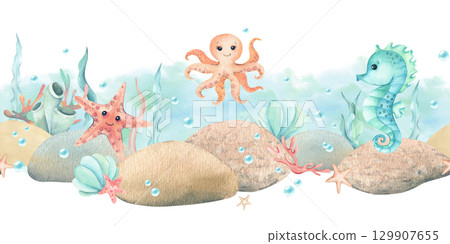 Watercolor seamless border children aquatic creatures characters. Seahorse, starfish, octopus and stones, seaweed, seashell. Turquoise spot and bubbles illustration isolated from background 129907655