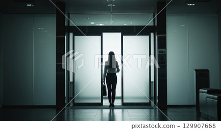 A woman walking with the rising sun 129907668