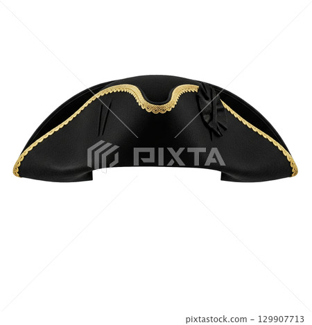 Black vintage tricorn hat with golden trim for a pirate captain or colonial officer costume 129907713