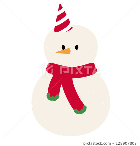 Christmas illustration of snowman wearing red scarf and party hat for Christmas decoration, winter festive season, card print, December element, gift wrap, packaging, cartoon character, sticker, icons 129907802