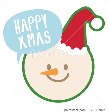 Snowman wearing hat for Christmas decoration, winter festive season, card print, December element, gift wrap, packaging, cartoon character, comic, sticker, campaign badge, expression, text, message 129907804