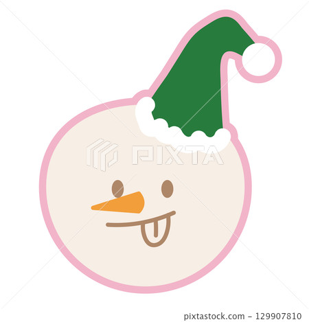 Snowman head wearing hat for Christmas decoration, winter festive season, card print, December element, gift wrap, packaging, cartoon character, comic, sticker, campaign badge, brooch, pin, icons 129907810