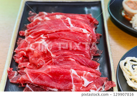Asian food. Raw beef shabu shabu Asian food. Raw beef shabu shabu 129907816