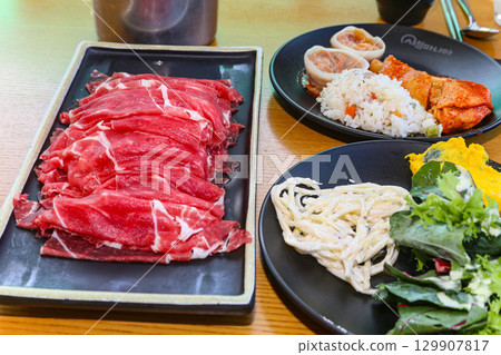Asian food. Raw beef shabu shabu 129907817