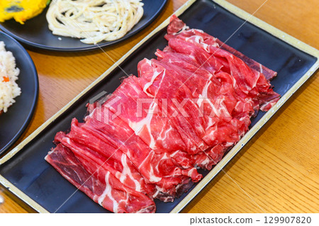 Asian food. Raw beef shabu shabu Asian food. Raw beef shabu shabu 129907820