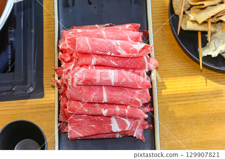 Asian food. Raw beef shabu shabu 129907821