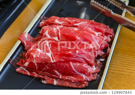 Asian food. Raw beef shabu shabu 129907843