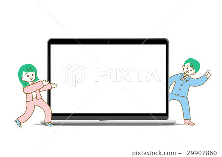 空白的筆記型電腦螢幕和突出它的男性和女性商務人士 空白的筆記型電腦螢幕和突出它的男性和女性商務人士 129907860