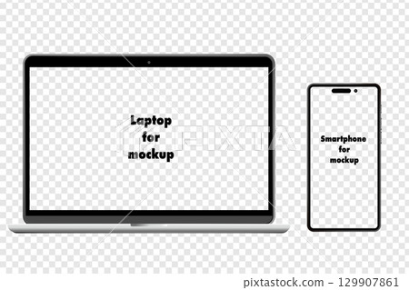 具有方格背景的透明電腦和智慧型手機螢幕模型 129907861