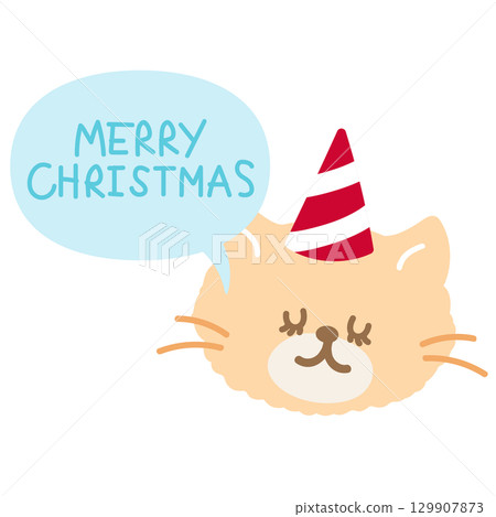 Cute Christmas illustration of cat wearing party hat, MERRY CHRISTMAS texts for Christmas decoration, festive winter season, pet shop, vet, patch, sticker, adopt and rescue animal, kitten cartoon, pin Cute Christmas illustration of cat wearing party hat, MERRY CHRISTMAS texts for Christmas decoration, festive winter season, pet shop, vet, patch, sticker, adopt and rescue animal, kitten cartoon, pin 129907873
