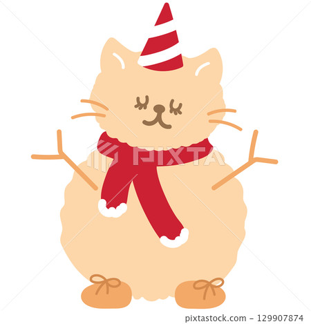 Cute Christmas illustration of cat wearing red scarf and party hat as a snowman for Christmas decoration, festive winter season, pet shop, vet, patch, sticker, adopt and rescue animal, kitten cartoon 129907874