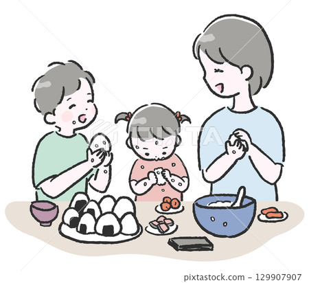 Parent and child holding a rice ball Parent and child holding a rice ball 129907907