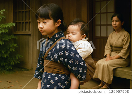 Scenes from the Showa era: A girl babysitting 129907908