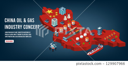China oil and gas industry concept with Energy and Power on flag background. China oil and gas industry concept with Energy and Power on flag background. 129907966