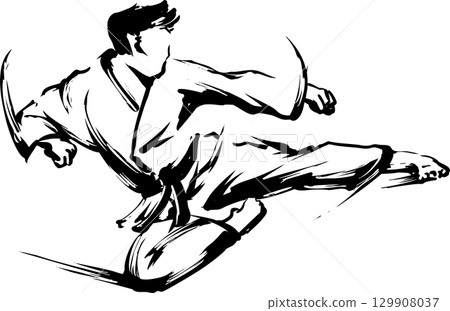 Ink painting illustration of a jumping kick 129908037